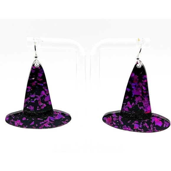 Handmade Jewelry - Halloween Witches Wizard Hat Acrylic Earrings Retro Purple
